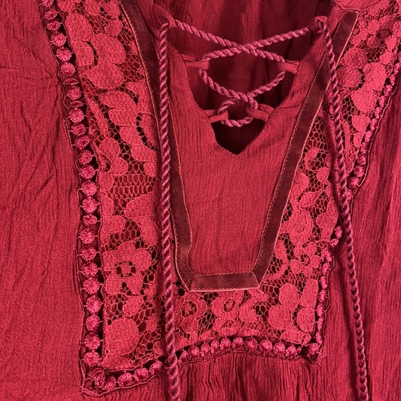 Artesia Boho Chic Peasant Blouse Red Lace trim lace up long sleeve shirt Medium - Picture 6 of 13